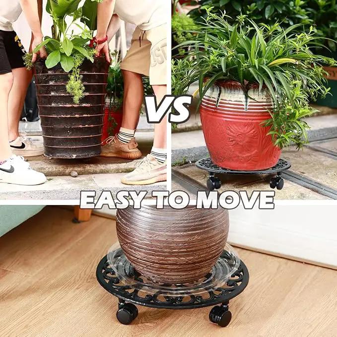 2 Packs 14 Inch Rolling Plant Stand with Wheels Metal Plant Caddy with Wheels Heavy Duty Round Plant Stand Indoor Iron Plants Rollers for Plants, Plant Dolly with Plant Saucers by GreenHaven Gardens