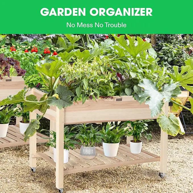VIVOSUN Elevated Wooden Raised Garden Bed, 46 x 24 x 32 Inches, Mobile Outdoor Planter Box with Storage Shelf and Protective Liner for Outdoor Use, with Lockable Wheels by GreenHaven Gardens