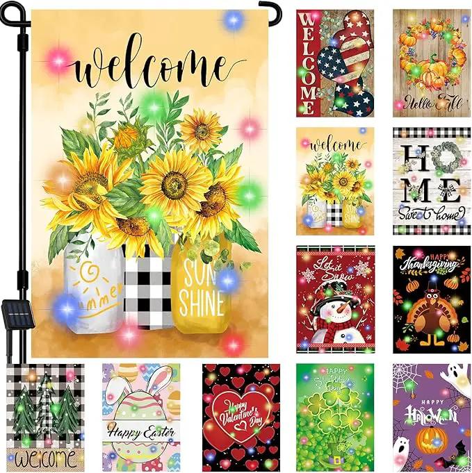 Lighted Seasonal Garden Flags Set of 12 Double Sided 12 x 18 Inch LED Yard Flags, Small Flags for Outside, Fall Winter Halloween Christmas Outdoor Flags,Solar Holiday Garden Flags for All Seasons by GreenHaven Gardens