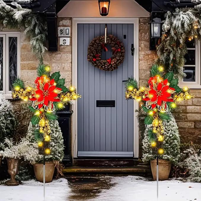Ganeen 2 Pcs Solar Stake Christmas Outdoor Decorations Christmas Yard Stake Decor LED Lights Cemetery Grave Cross Poinsettia Decor for Holiday Garden Pathway Lights (Poinsettia) by GreenHaven Gardens