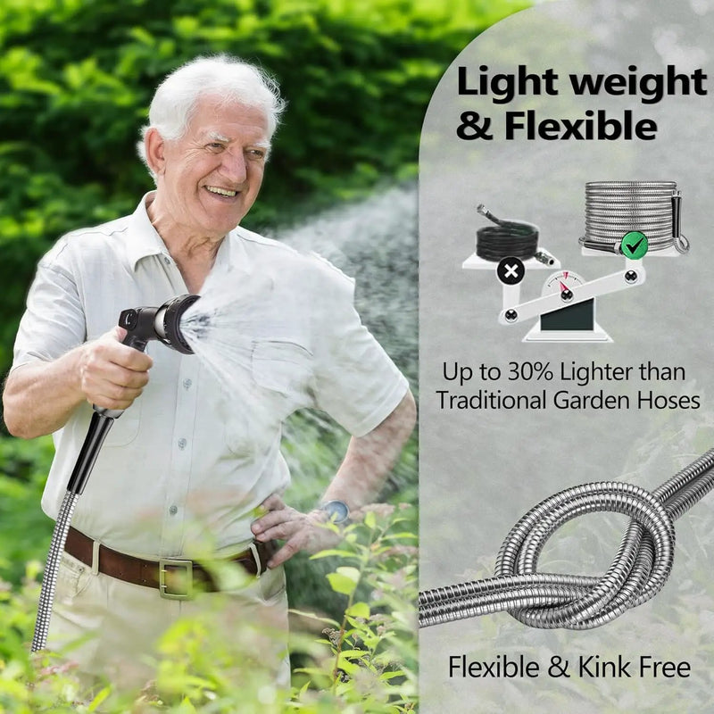 200 ft Garden Hsoe - 2025 New 304 Stainless Steel Garden Hose with 10-Function Spray Gun, 3/4'' Copper-Chrome Fittings – Lightweight, Durable, and Kink-Free, Metal Water Hoses for Gardening by GreenHaven Gardens