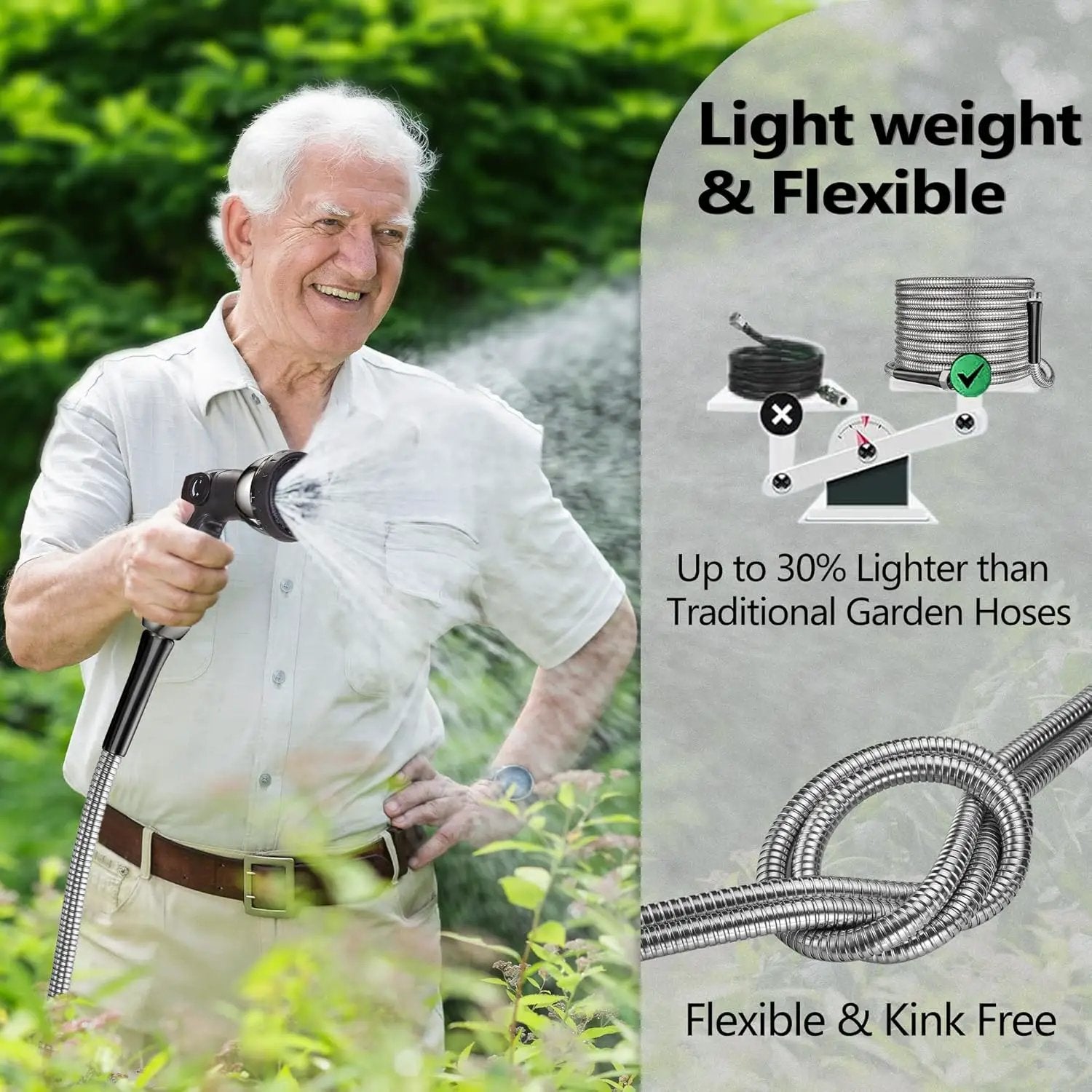 110 ft Garden Hsoe - 2025 New 304 Stainless Steel Garden Hose with 10-Function Spray Gun, 3/4'' Copper-Chrome Fittings – Lightweight, Durable, and Kink-Free, Metal Water Hoses for Gardening by GreenHaven Gardens