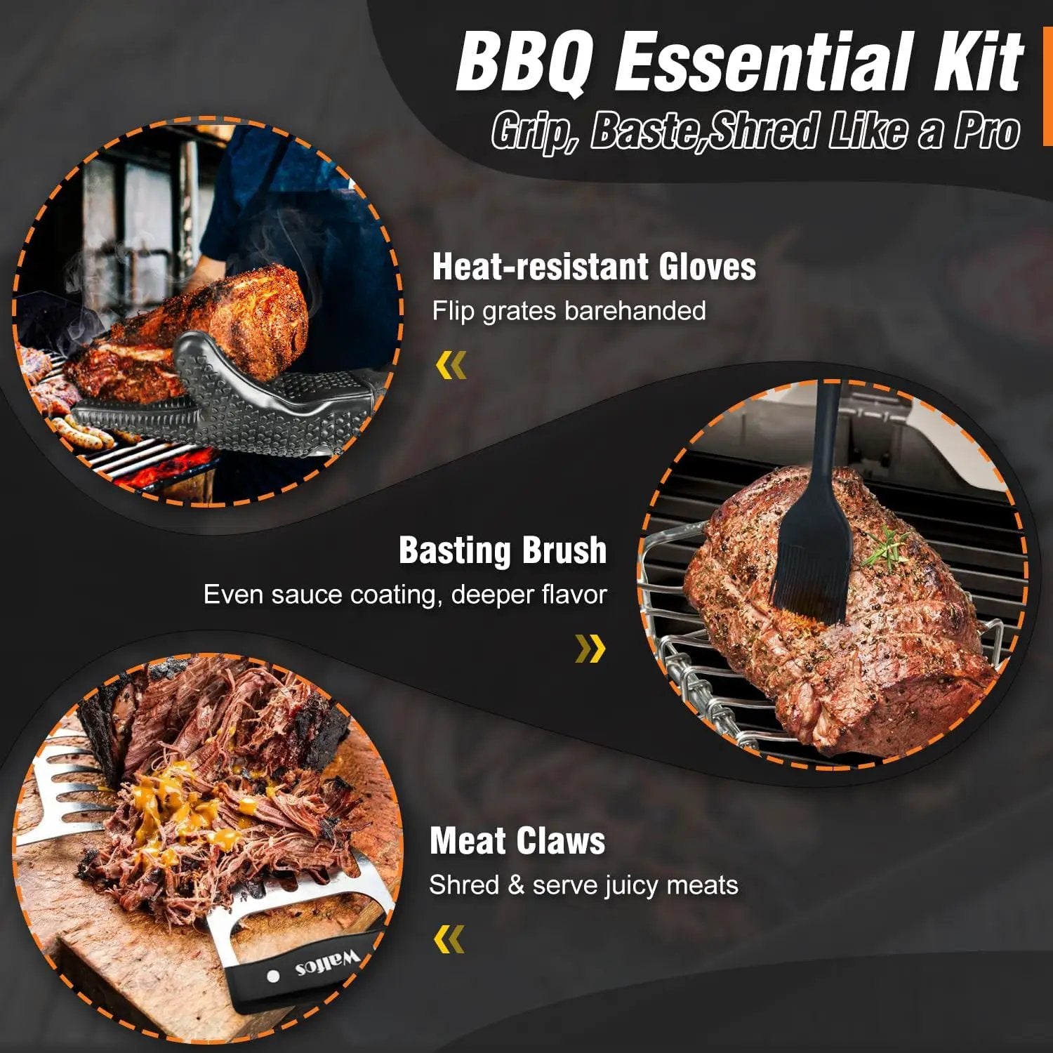 Walfos BBQ Gloves - 500°F Heat Resistant Grilling Gloves Set with Meat shredding Claws & Silicone Brush, Non-Slip Kitchen Silicone Oven Mitt, for Barbecue, Cooking, Baking, Cutting, Black by GreenHaven Gardens