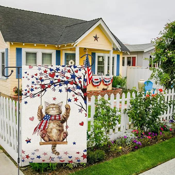 Heyfibro 4th Of July Patriotic Cute Cat Garden Flag 12x18 Double Sided Burlap, Heart Star Tree Pattern USA Flags Retro Yard Banner for Rustic Independence Day Outdoor Decor (ONLY FLAG) by GreenHaven Gardens