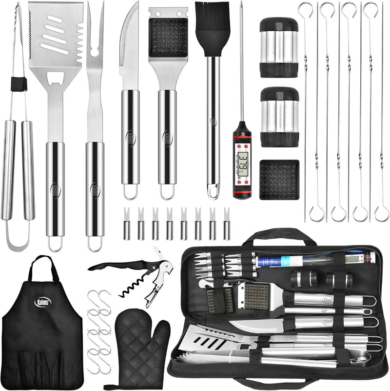 Kaluns Grilling Accessories, Dad Gifts for Christmas Grilling Gifts, Heavy Duty Stainless Steel Grill Set BBQ Grill Accessories for Outdoor Grill with Meat Thermometer, Case and Apron by GreenHaven Gardens