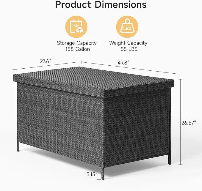 158 Gallon XL Deck Box with Lid, All Weather Wicker Outdoor Storage Box Waterproof, Large Outdoor Patio Storage Bin for Cushions, Garden Tools, Gears, Pool Accessories, Black by GreenHaven Gardens