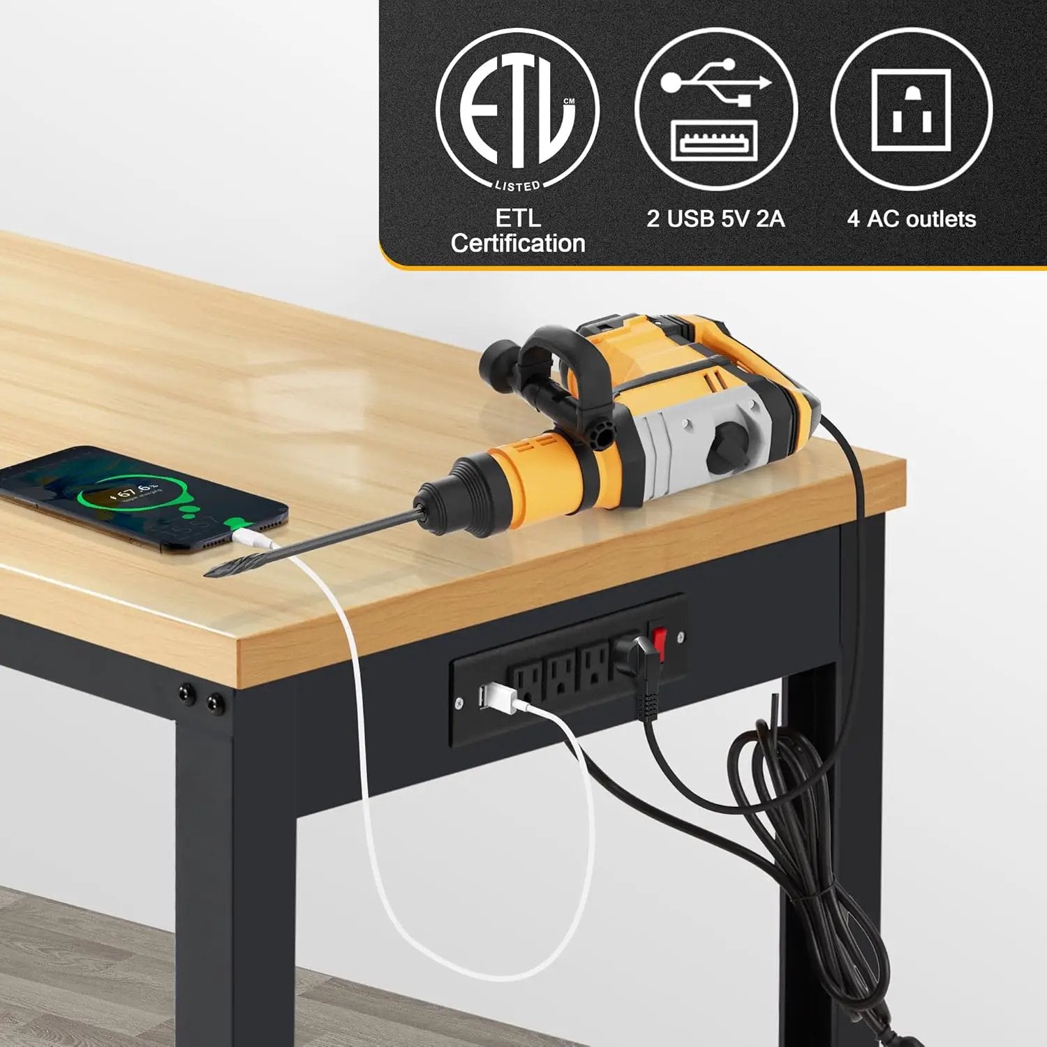 48” Adjustable Workbench，Heavy Duty Wood Work Bench 2000 Lbs Load Capacity,Work Table with Power Outlet for Garage, Workshop, Office, Home by GreenHaven Gardens