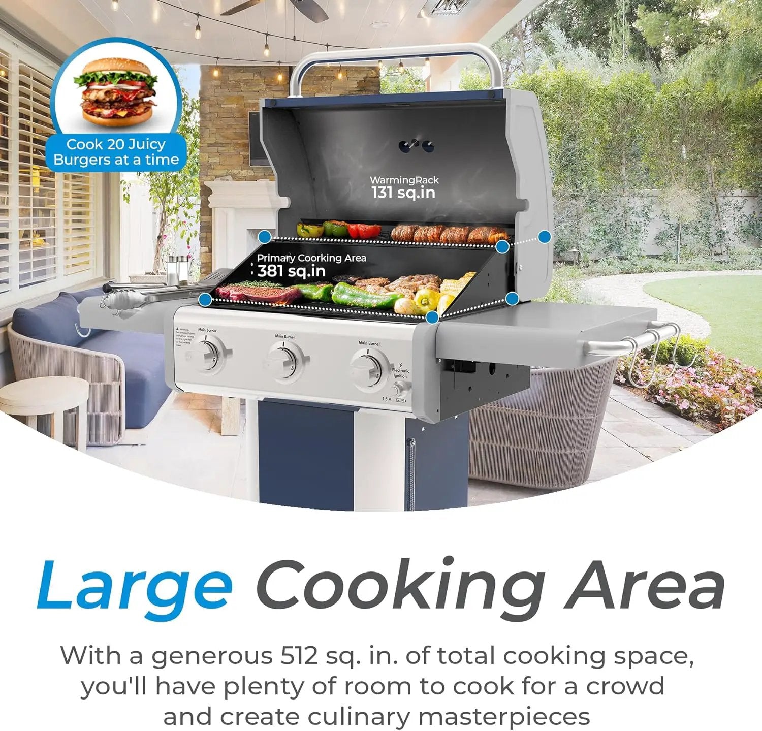 Kenmore 3-Burner Propane BBQ Grill, 30,000 BTUs Gas Grill with Cast Iron Cooking Grates, Folding Side Tables & Wheels, Outdoor Grill with Tool Hooks, Azure Blue + Bonus Cover by GreenHaven Gardens
