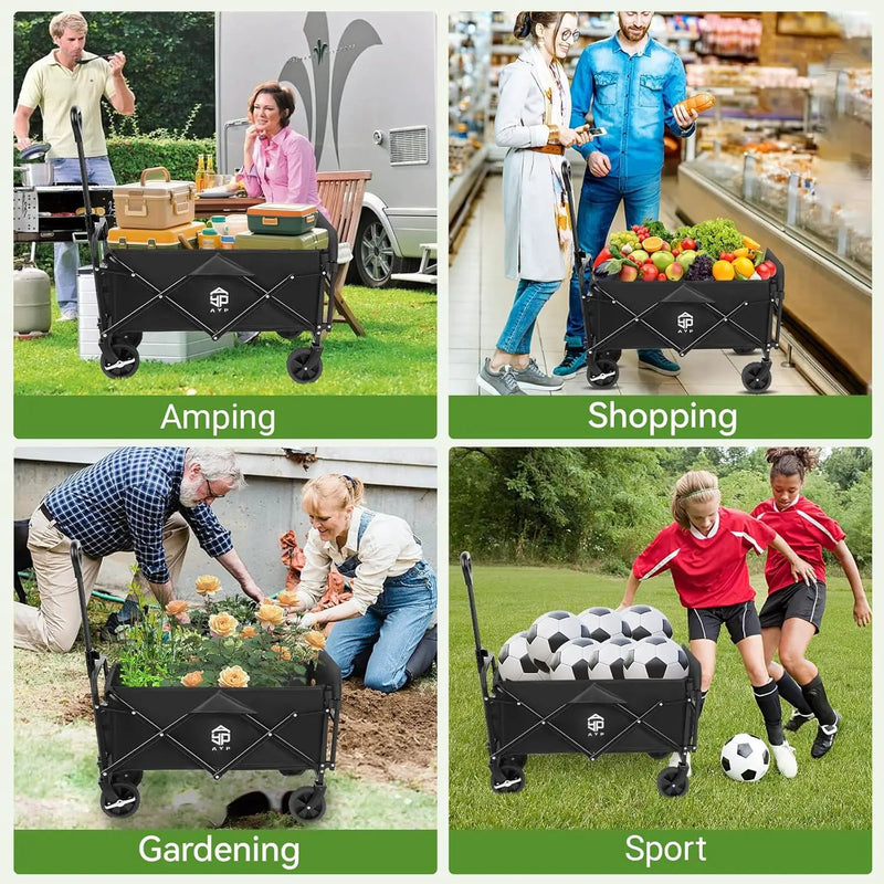 AYP Collapsible Wagon Cart Foldable with Wheels, Beach Wagon with Extended Tailgate & Brake, Heavy Duty Rolling Carts for Garden, Grocery Shopping, Camping, Outdoor Sports, Yard Work, Fishing by GreenHaven Gardens