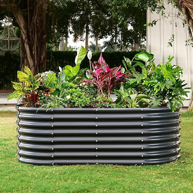 Land Guard 24“ Tall Galvanized Raised Garden Bed Kit, Galvanized Planter Garden Boxes Outdoor, Oval Large Metal Raised Garden Bed for Vegetables (Dark Gray, 4×2×2ft) by GreenHaven Gardens