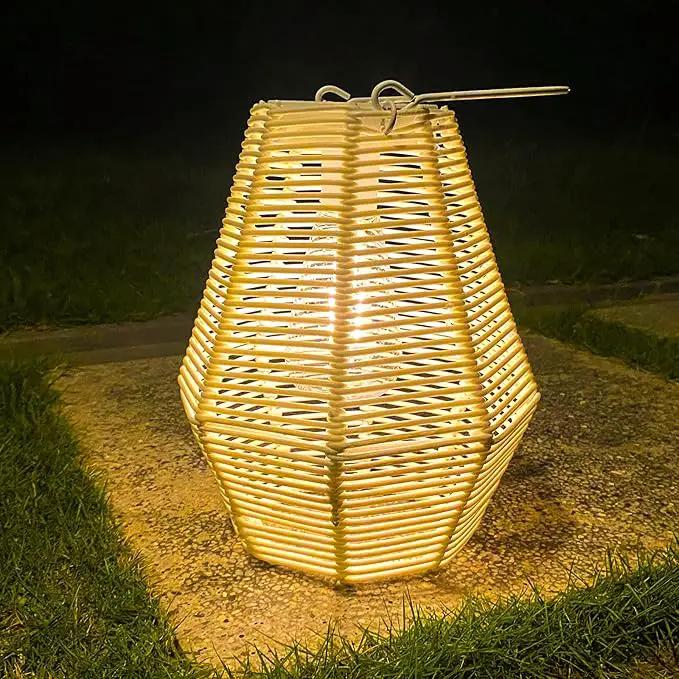 Outdoor Solar Lantern Hanging Decorative Rattan Lanterns with Handle White Large Solar Table Lamp Waterproof for Patio Garden Wedding Home Decor by GreenHaven Gardens