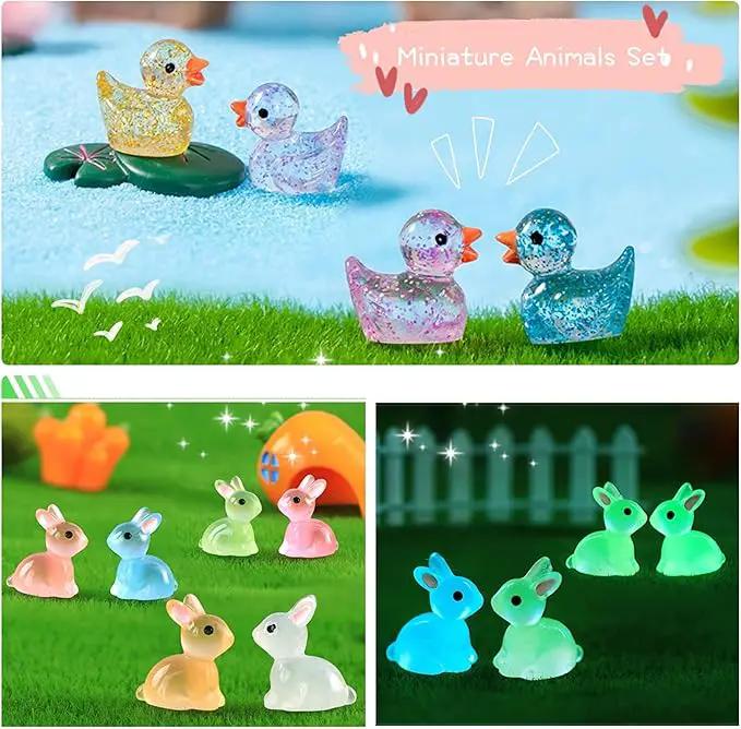 122Pcs Luminous Mini Resin Animal Figurines Glow in The Dark Cute Rabbits Frogs Mushrooms Glitter Ducks 4 Combination Miniature Figurines Set for Office Garden Decoration Aquarium Home Party Decor by GreenHaven Gardens