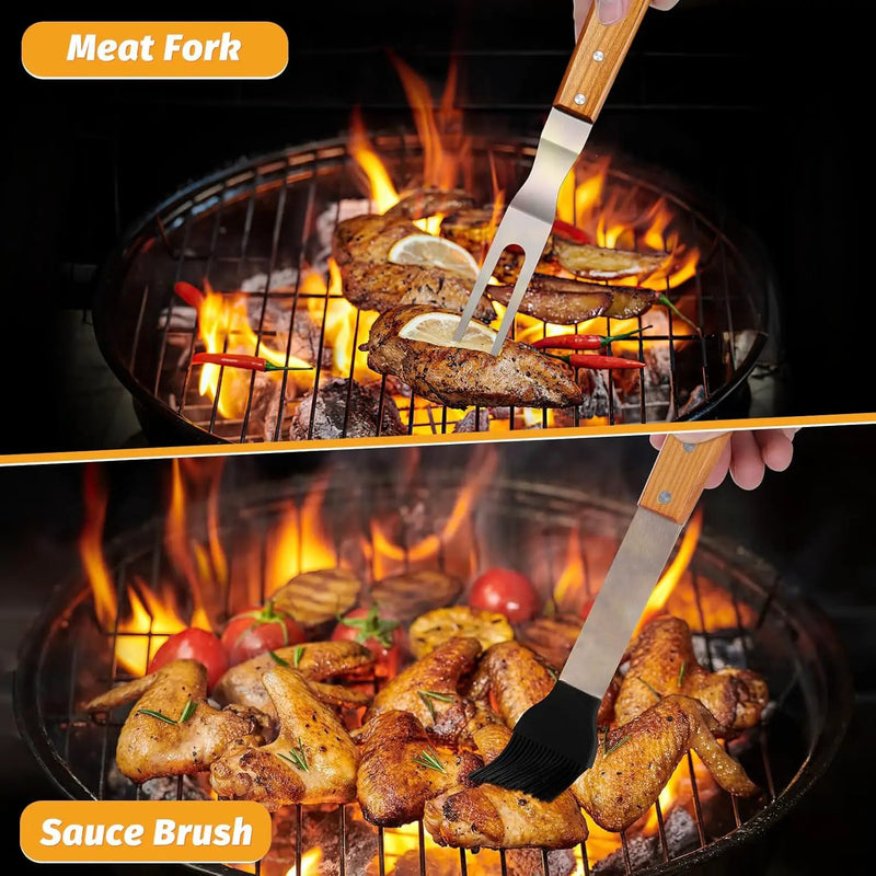 PURPLEBIRD Grill Utensils Set with Brush - 5pcs Grilling Tools Set with Bag Apron, Heavy Duty BBQ Tool Sets with Long Wood Handle, Stainless Grilling Accessories for Outdoor Grill by GreenHaven Gardens