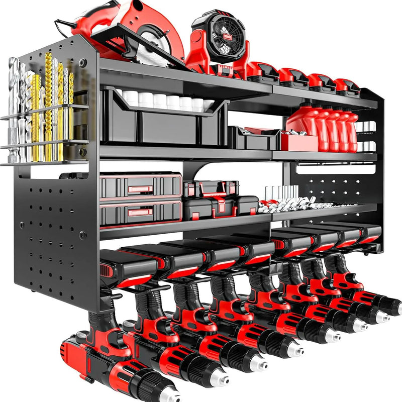 Power Tool Organizer Wall Mount, Metal 4 Layer Heavy Duty Metal Power Tool Storage Rack, Garage Drills Storage Shelves with Screwdriver Holder Plier Holder (Black, 8 Drills Holder) by GreenHaven Gardens