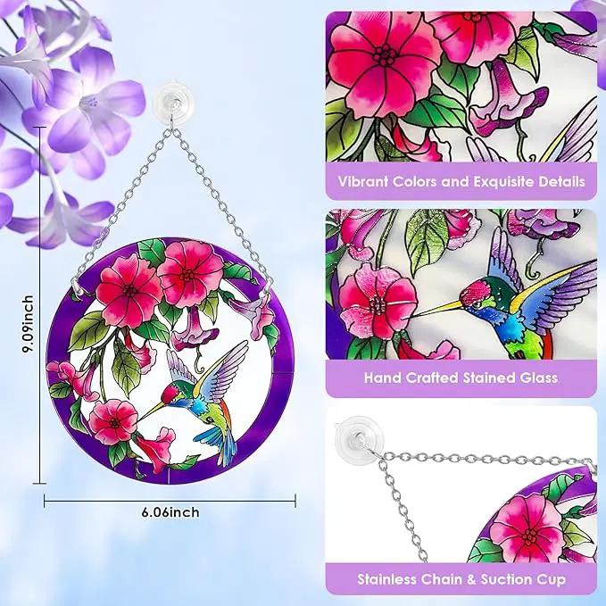 Stained Glass Window Hanging, Hummingbird Gifts for Women, Bird and Flowers Suncatcher for Window, 6" Purple Stained Glass Suncatchers, Hand Painted Glass for Birds Lover (6 inch) by GreenHaven Gardens