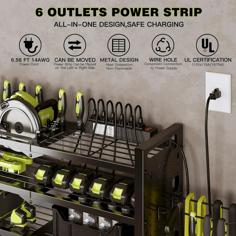 Power Tool Organizer Wall Mount with Charging Station 4 Layer 6 Slot Cordless Drill Holder with Angle Grinder Holder (Black) by GreenHaven Gardens