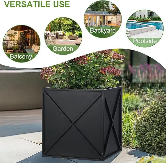 Metal Square Planter Box Tall Planters for Outdoor Plants Modern Heavy Duty with Drainage Holes for Outside Indoor Patio Deck - Black, 17”x 17”x 18” by GreenHaven Gardens