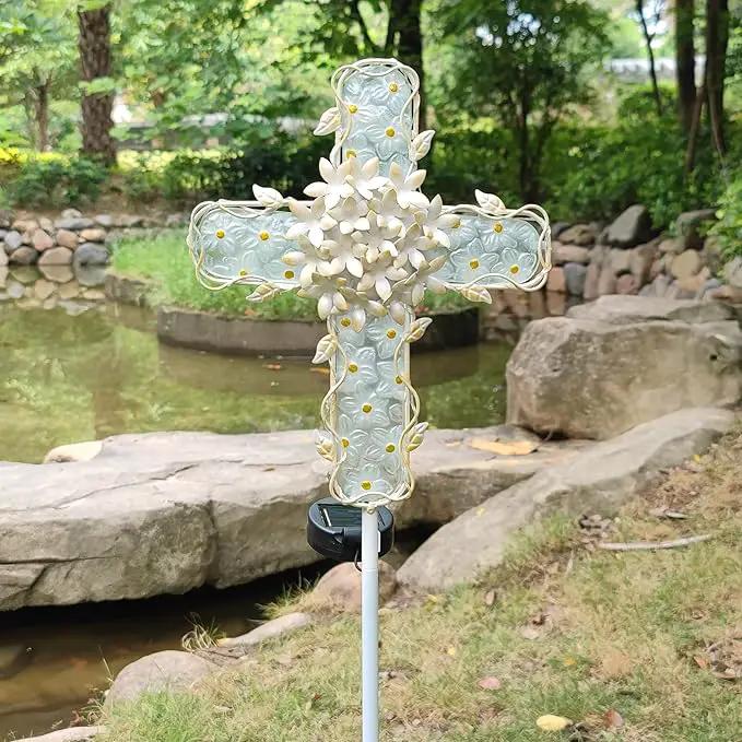38Inch Solar Cross Garden Lights Outdoor Decorative - Solar Metal&Glass Cross White Hydrangea Flower Stake Lights- Waterproof 20 Warm White LED for Remembrance Gifts & Sympathy Gifts. by GreenHaven Gardens