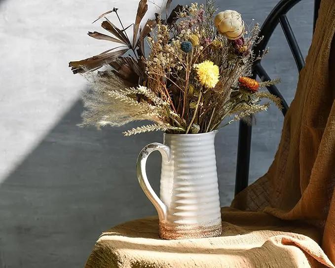 Quoowiit Ceramic Rustic Vase with Handle, White Distressed Decorative Farmhouse Pitcher Vase for Home Decor Living Room Bedroom Kitchen Office Shelf Decor Centerpiece Table Decoration by GreenHaven Gardens