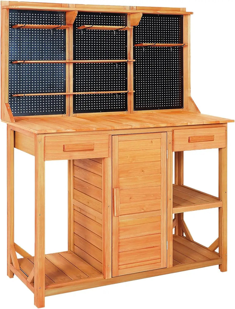Outdoor Garden Potting Bench, Horticultural Wooden Workstation Table with Storage Drawer, Cabinet, Metal Pegboard, Adjustable Hooks and Shelves for Backyard, Patio, Greenhouse by GreenHaven Gardens