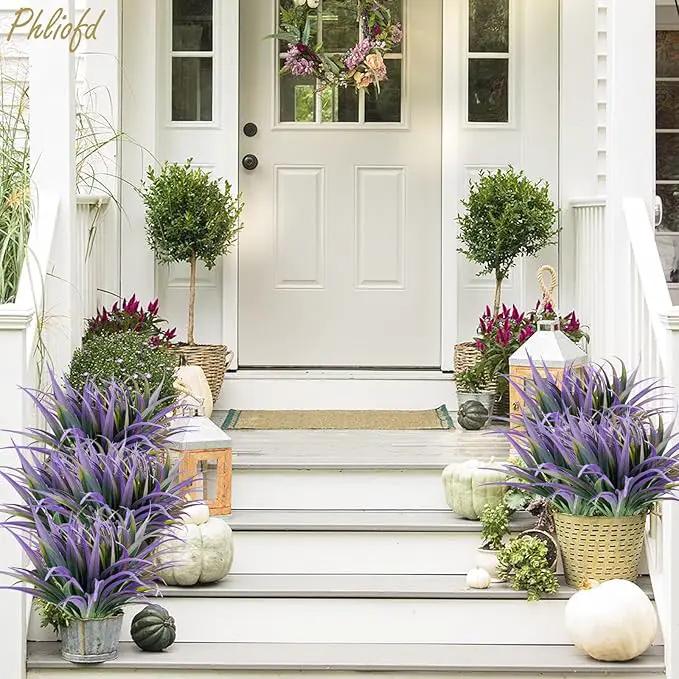 6Pcs Artificial Grass Fake Plants 17.3in Outdoor Plants UV Resistant Faux Greenery Stems Fake Grass for Home Window Garden Office Patio Pathway Front Porch Halloween Décor Green & Purple by GreenHaven Gardens