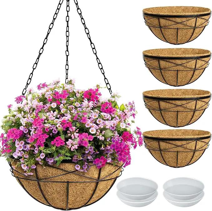 4 Pack 20 Inch Hanging Planters Baskets for Outdoor Plants Extra Large Deep Hanging Baskets with Natural Coconut Liner Flower Pots for Porch Balcony Garden Decor by GreenHaven Gardens