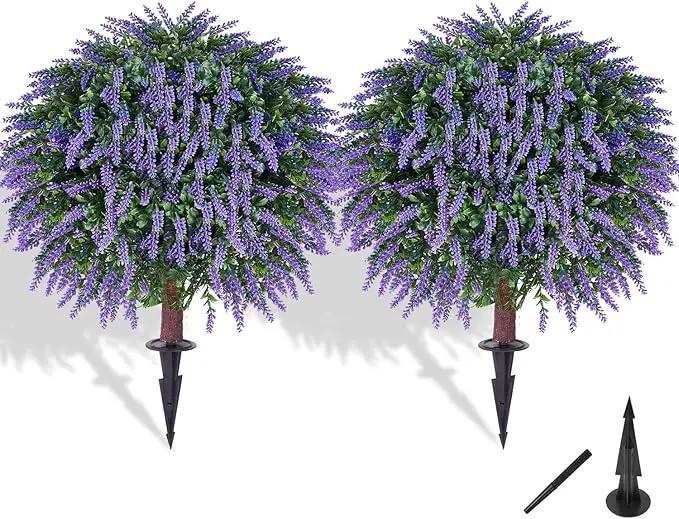 Artificial Lavender Topiany Ball Trees Set of 2,17” Resistant Fake Evergreen Shrubs with Ground SpilRealistic Outdoor Indoor Plants for Garden Porch Maintenance-Free Potted by GreenHaven Gardens