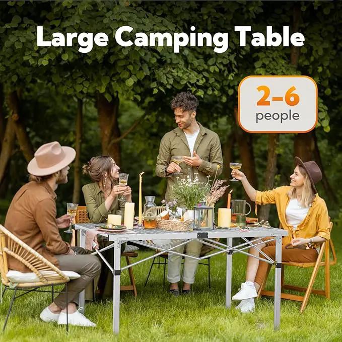 Large 46.4" Camping Table for 2-6 People - 220lbs Capacity Heavy Duty Foldable Outdoor Table with Aluminum Roll-Up Top & Carry Bag, Portable Picnic Desk for BBQ, Tailgating, Backyard (Silver) by GreenHaven Gardens
