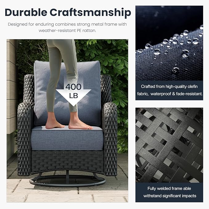 7 Pieces Outdoor Patio Furniture Sets with Rocking Swivel Chairs with 6-inch Thick Cushion and Fire Pit Table for Deck Lawn by GreenHaven Gardens