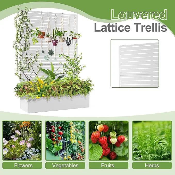 Trellis for Climbing Plants Outdoor，Mental Garden Bed with Drainage Holes Outdoor Privacy Screen Design Tall planters for herb Flower Vegetables 73"x47"x16", White-Louvered by GreenHaven Gardens