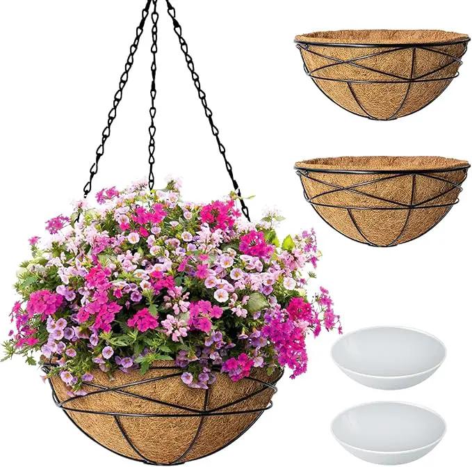 2 Pack 10 Inch Hanging Planters for Outdoor Plants Metal Wire Flower Baskets with Natural Coconut Liners for Garden Planting Decor by GreenHaven Gardens