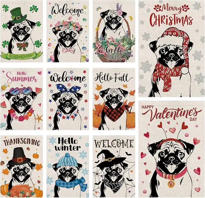 Seasonal Garden Flags Pug Dog Double Sided Flags Set of 11 Holiday Farmhouse Indoor Outdoor Yard Lawn Christmas Gifts Decorations 12.5x18 Inch by GreenHaven Gardens