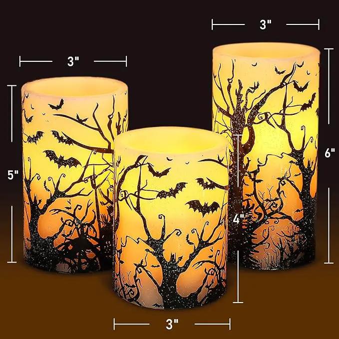 Halloween Decor Flameless Candles Set of 3 Black Spooky Bats Decal Flickering Candles Battery Operated with Remote Real Wax LED Pillar Candles for Halloween Party Horrible Theme Decor by GreenHaven Gardens