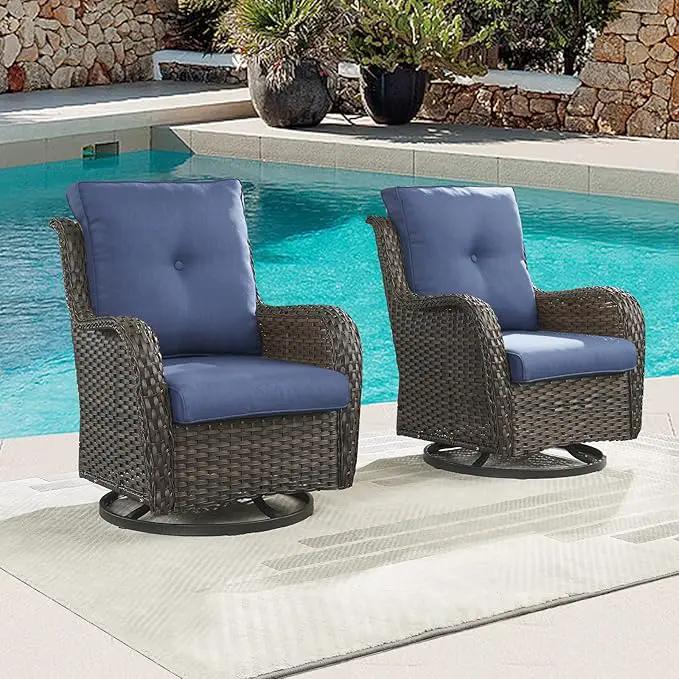 Outdoor Patio Swivel Rocker Chairs - Wicker Rattan Patio Swivel Rocking Chairs Set of 2 with High Back,Deep Seating and Comfort Cushions for Deck Porch Garden,Brown/Blue by GreenHaven Gardens