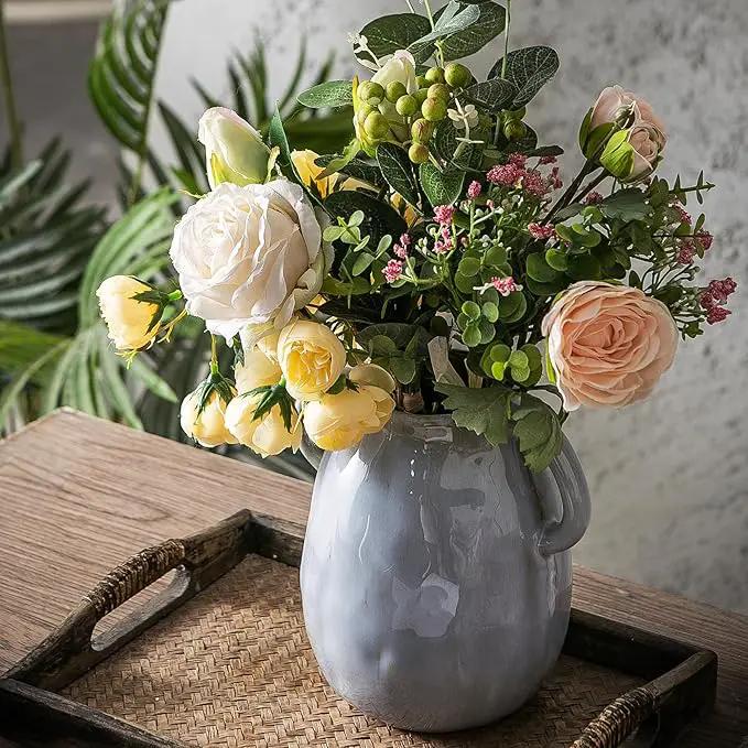Kimdio Ceramic Vase with 2 Handles, Modern Farmhouse Grey Vase for Home Decor, Rustic Pottery Vase, Boho Decorative Terracotta for Flowers, Clay Pampas Grass Vases for Living Room Dining Table Shelves by GreenHaven Gardens