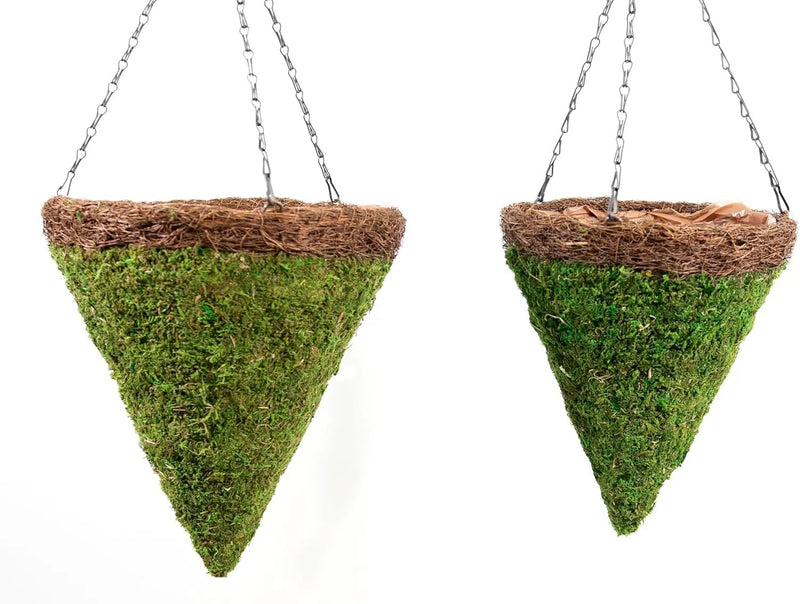 SuperMoss (29386 MossWeave Hanging Basket | Outdoor Hanging Planter with Moss | Decorative Plant Hanger for Porch, Balcony, Garden & Home Décor, Cone with Wicker Rim, Set of 2 (S/M), Green by GreenHaven Gardens