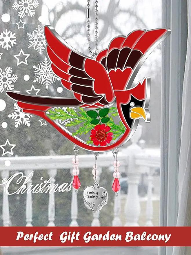 KY&BOSAM Cardinal Suncatcher Precious Grandmother Glass Hanging for Windows Wind Chime Ornament with Pressed Real Flowe and Heart Charm Birthday Gifts for Women Mother's Day Christmas by GreenHaven Gardens