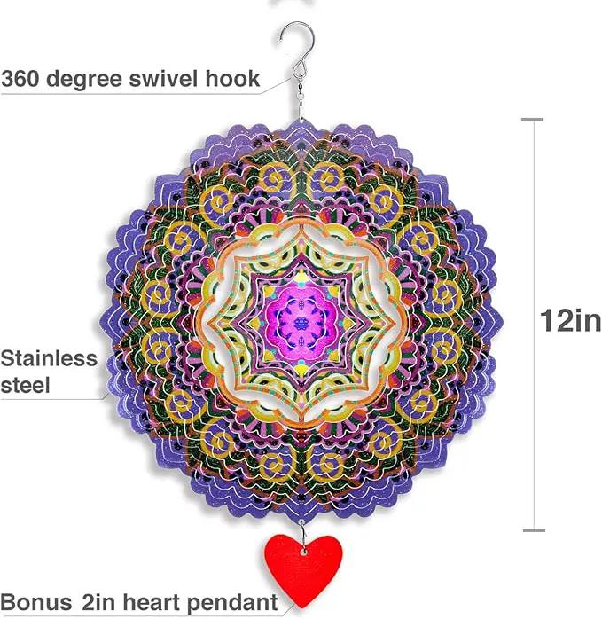 SteadyDoggie 12-Inch 3D Wind Spinners Outdoor - Mandala Purplerain Windmill Yard Decorations - Stainless Steel Laser Cut Ornament - Kinetic Garden Decor for Outside by GreenHaven Gardens