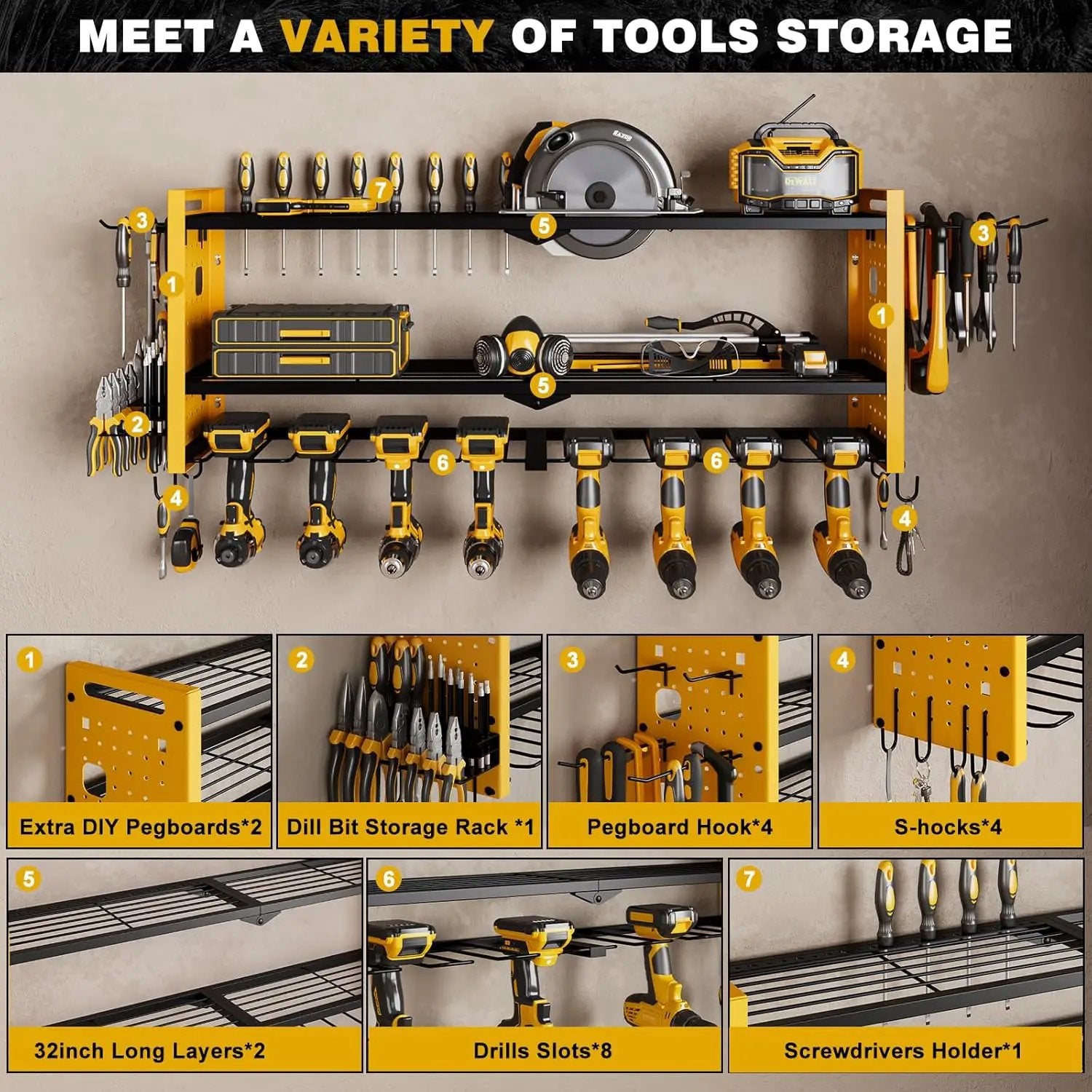 Power Tool Organizer Wall Mount,Cordless Drill Hanger Storage Rack 8 Drill Holder,3 Layers Heavy Duty Power Tool Storage Rack(Yellow) by GreenHaven Gardens