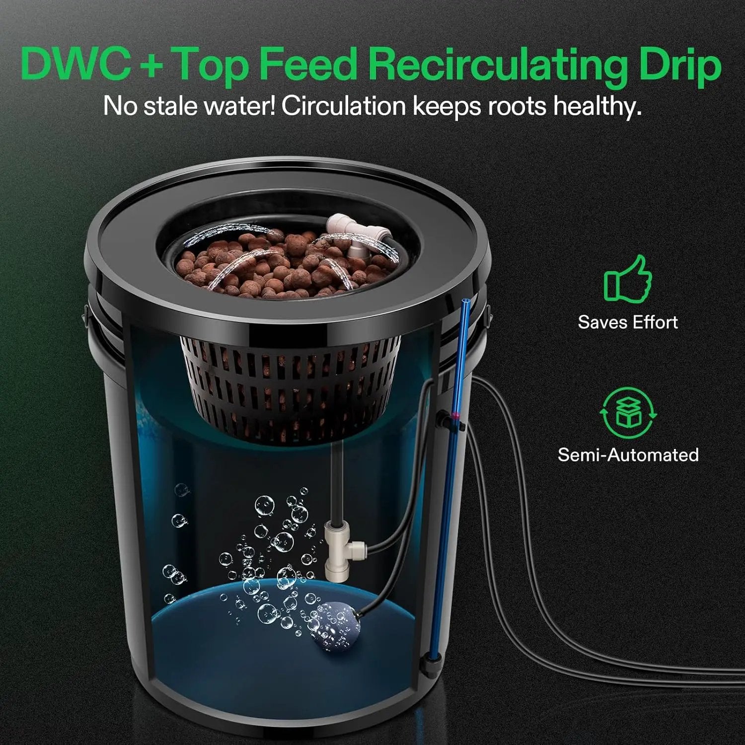 VIVOSUN DWC Hydroponics Grow System with Top Drip Kit, 5-Gallon Deep Water Culture, Recirculating Drip Garden System with Multi-Purpose Air Hose, Air Pump, and Air Stone (1 Bucket + Top Drip Kit) by GreenHaven Gardens