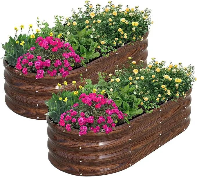 SnugNiture Galvanized Raised Garden Bed Outdoor, 2 Pcs 4x2x1ft Oval Metal Planter Box for Planting Plants Vegetables, Brown by GreenHaven Gardens