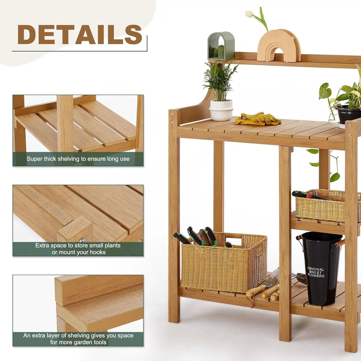 LMP Potting Bench, HDPS Potting Bench Table, 50’’x17.5x37.5' (LxWxH) All Weather Potting Table Work Station for Outside Gardening, Like Teak Wood by GreenHaven Gardens