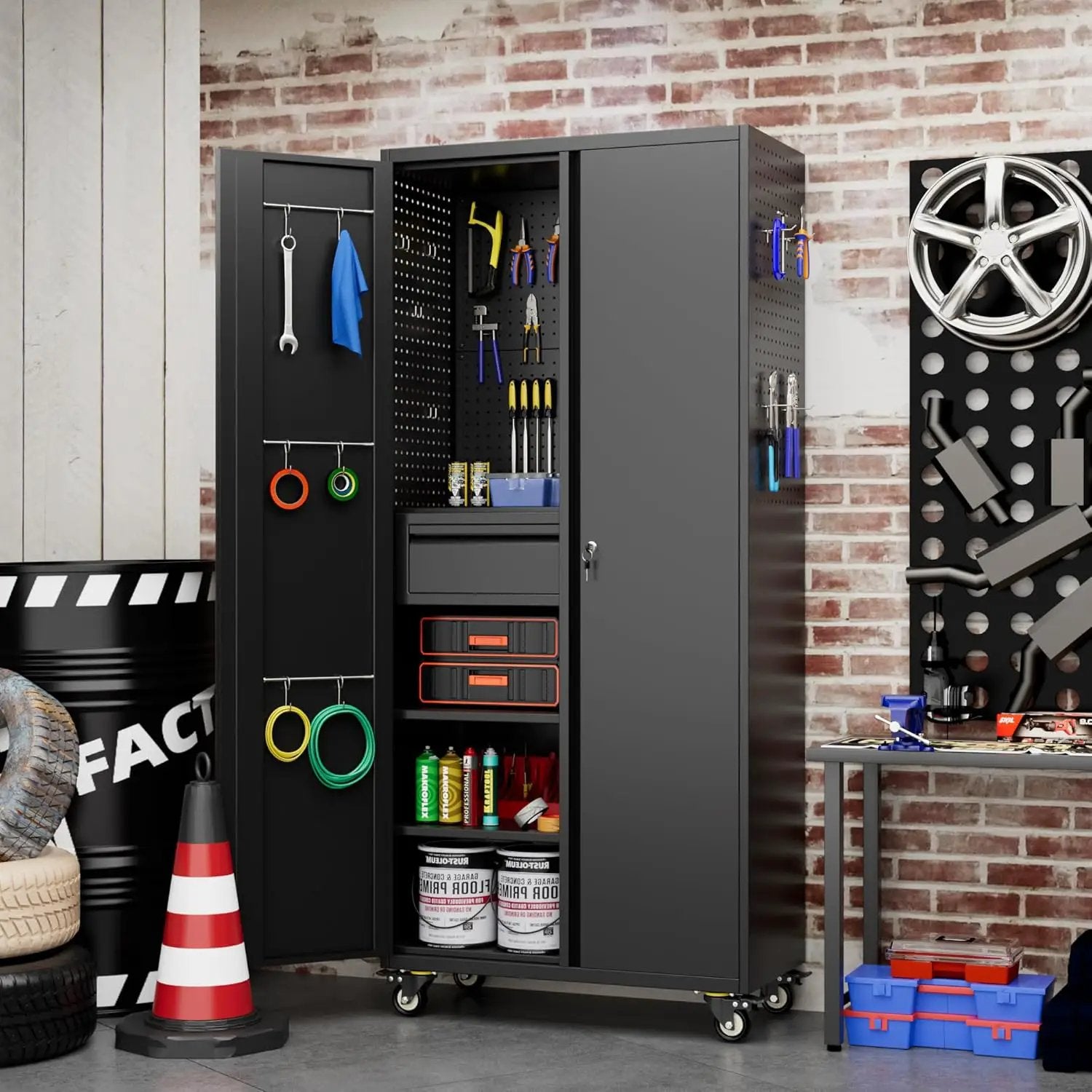 71" H Metal Garage Storage Cabinet with Locking Doors and 2 Adjustable Shelves, Rolling Tool Storage Cabinet with Wheels, Drawer, Pegboard and 16 Hooks for Garage, Warehouse, Black by GreenHaven Gardens