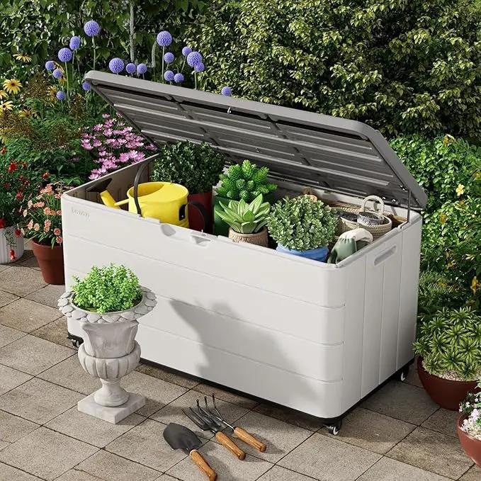 100GAL White Resin Deck Box with Wheels – Lockable, Waterproof, SGS-Tested UV Resistance, Spacious Outdoor Storage for Patio Cushions & Pool Gear, Easy Assembly by GreenHaven Gardens