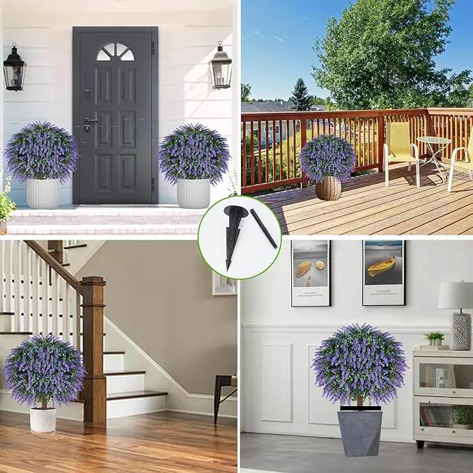Artificial Lavender Topiany Ball Trees Set of 2,17” Resistant Fake Evergreen Shrubs with Ground SpilRealistic Outdoor Indoor Plants for Garden Porch Maintenance-Free Potted by GreenHaven Gardens