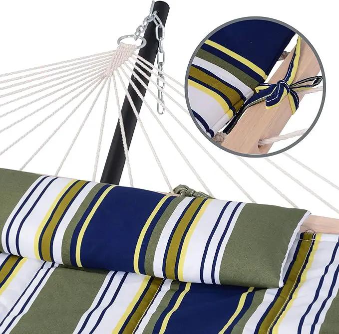SUNCREAT Hammocks Double Outdoor Hammock with Stand, Cotton Rope Two Person Hammock with Polyester Pad & Large Pillow, Blue& Gray by GreenHaven Gardens