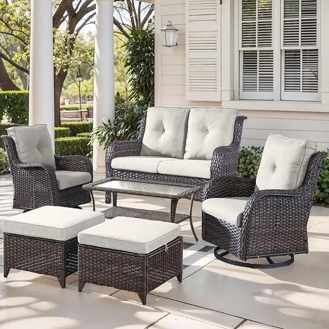 Outdoor Wicker Patio Furniture Set - 6 Piece Rattan Patio Conversation Set with 2 Rocking Swivel Chairs,2 Ottomans,1 Loveseat and 1 Coffee Table for Porch Deck Backyard Garden(Brown/Beige) by GreenHaven Gardens