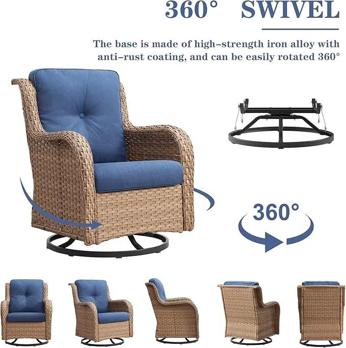 Wicker Outdoor Furniture Patio Furniture Set - 6 Piece Patio Conversation Set with Swivel Rocker Chairs, Rattan Sofa, Ottomans and Coffee Table, Blue Cushion by GreenHaven Gardens