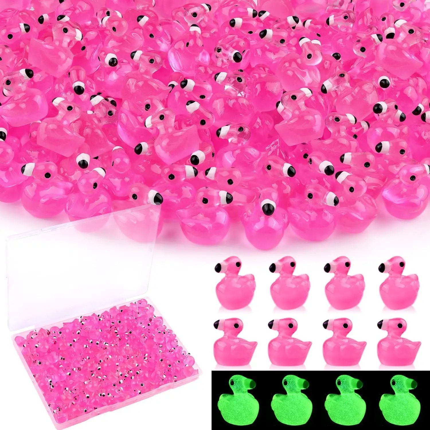 200PCS Mini Resin Animals Cute Rose Pink Tiny Flamingo Ducks Glow in Dark, Miniature Figures to Hide, Small Animal Toys Accessories Bulk for Topper Garden Dollhouse Ornaments DIY Crafts & Decor by GreenHaven Gardens