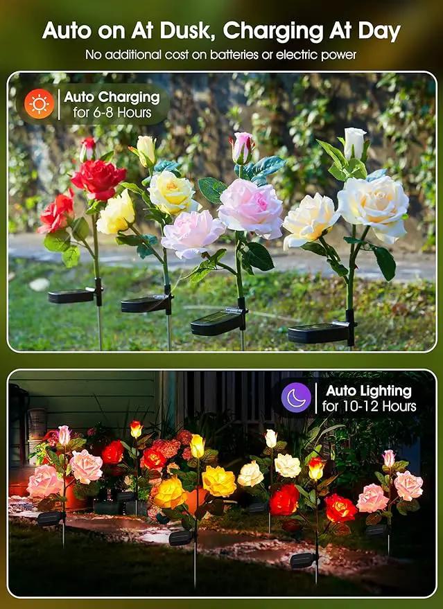 Garden 4 Pack LED Solar Flower Lights with Larger & More Realistic Rose Flowers, Bigger Solar Panel, Waterproof Solar Outdoor Lights for Yard Patio Lawn Pathway Walkway Decoration by GreenHaven Gardens